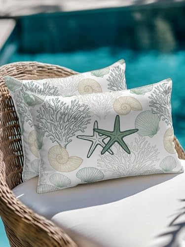 Outdoor Pillows Waterproof, Green Coastal Bedding Throw Pillows with