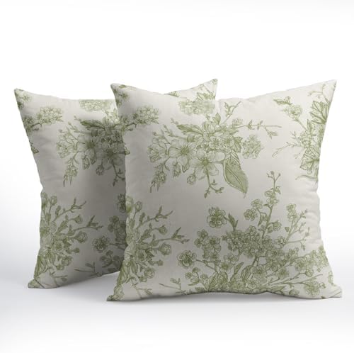 Sage Green Floral Throw Pillow Covers 22x22 Set of 2 Chinoiserie Line