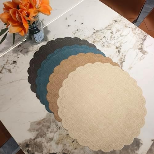 Round Placemats Set of 6, 15 Inch PU Faux Leather Easy Wipe Non-Slip