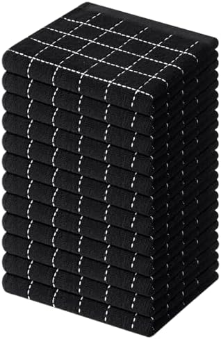 Mordimy Cotton Terry Checkered Dish Cloths, 12"x 12", 12 Pack, Black