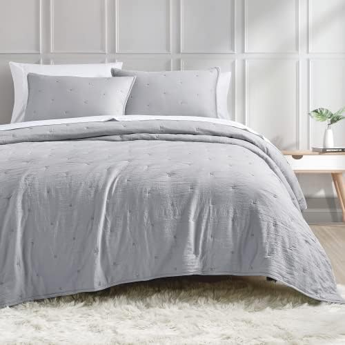 BOURINA Embroidery Quilt Set Grey Oversized King 3-Piece Soft Bedding