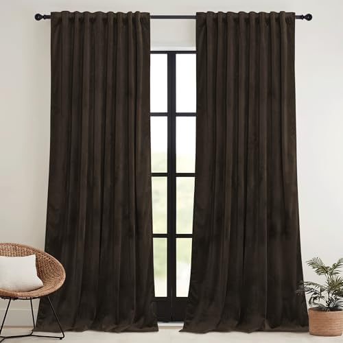 RYB HOME Brown Velvet Curtains 72 inches Length with Hook Belt