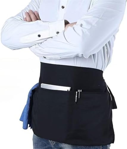 Black Half Waist Apron with 3 Pockets for Waiters, 24x12 in
