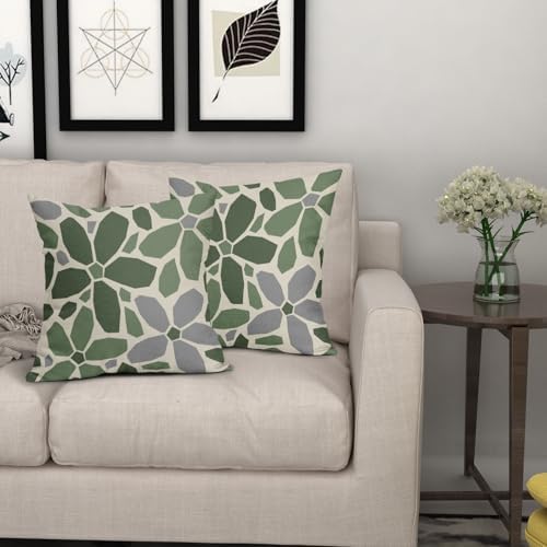 Sage Green Grey Gray Pillow Covers 18x18 Set of 2 Geometric Art Flower