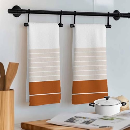 Caramel Beige Stripe Kitchen Towels Set of 3 Gradient Line Geometric
