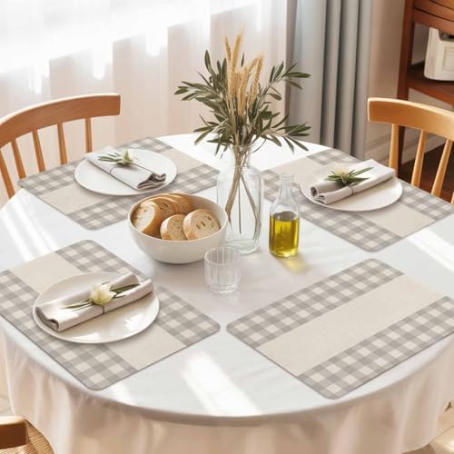 Rectangle Placemat Set of 6 Gray Buffalo Check on Retro Linen Faux