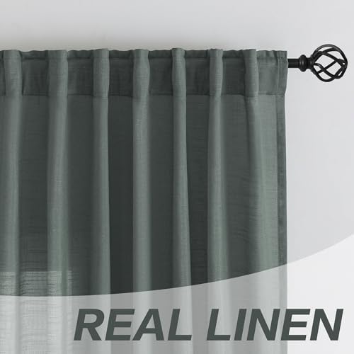 Charcoal Grey Linen Back Tab Curtains 84 Inch Length for Living Room