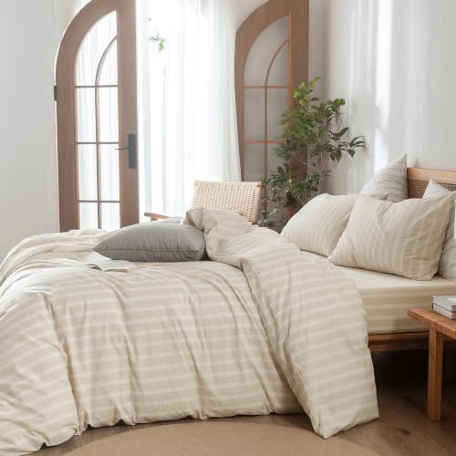 BESTOUCH Striped Cotton Duvet Cover Set Linen Feel Queen