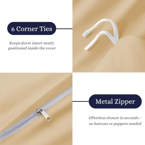 3 Sided Zipper Duvet Cover Set Full Size Beige – Soft 100% Egyptian