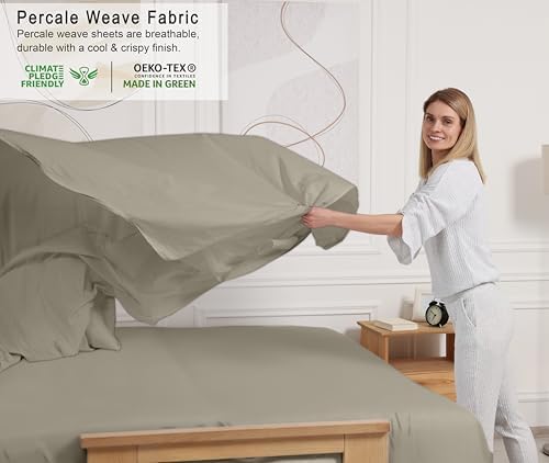 RUVANTI 100% Cotton Twin XL Sheets, Percale Weave Twin XL Set, Taupe