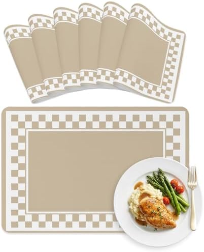 Taupe Checker Frame Leather Placemats Set of 6,12x18 Inch,Vintage