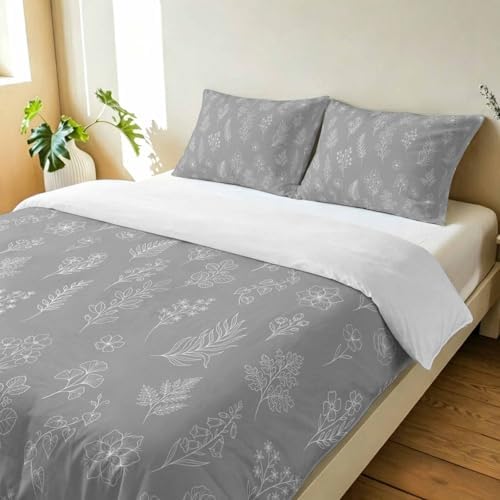 3 Pieces Bedding Set King Size, Grey Botanical Soft Duvet Covers Set