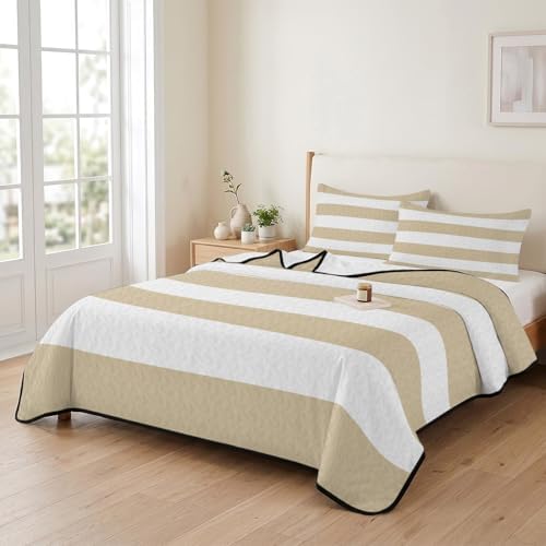 Teamery Queen Quilt Bedding Set Beige White Stripes Breathable Summer