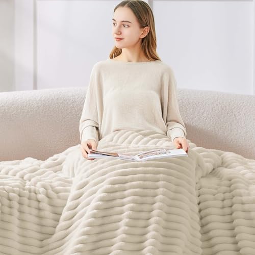 BEDELITE Ribbed King Size Blanket for Bed, Beige, 108"x90"