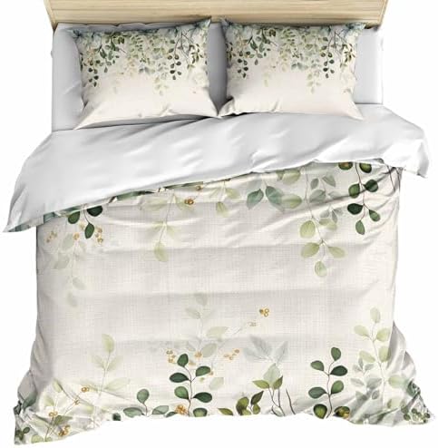Sage Green Bedding 3 Piece Duvet Cover Set Queen Size, Eucalyptus