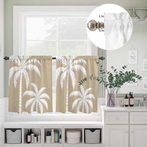 Brown Palm Tree Kitchen Curtains Set, Coastal Tropical Summer Coconut