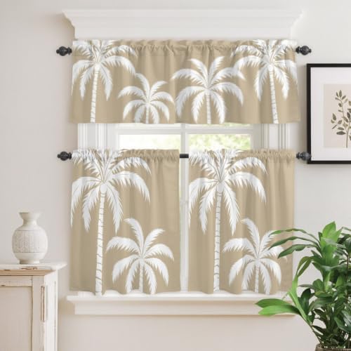 Brown Palm Tree Kitchen Curtains Set, Coastal Tropical Summer Coconut