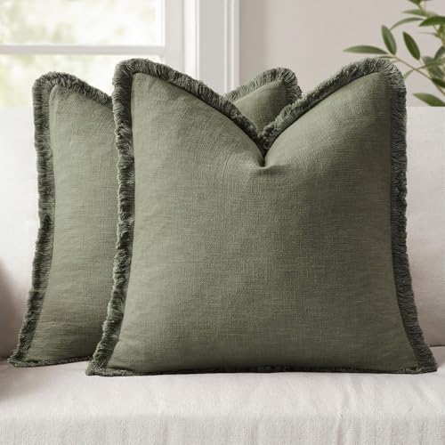 ANRODUO Euro Decorative Linen Pillow Covers 22×22 Light Olive Green