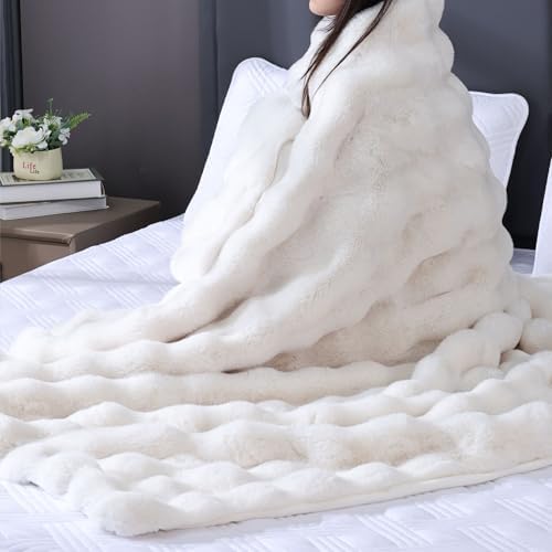 Cream Beige Faux Fur Throw Blanket for Couch, Snuggly Double-Sided