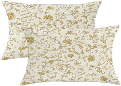 Elegant Floral Pillow Covers Set of 2, Cream and Gold Decorative