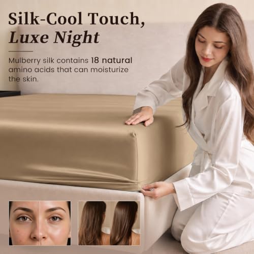 THXSILK 100% 6A+Mulberry Silk Deep-Pocket Fitted Sheet Taupe Cal. King