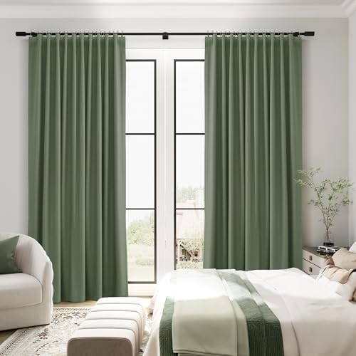 Olive Green Linen 100% Blackout Curtains 72 Inches Long Back Tab Funky