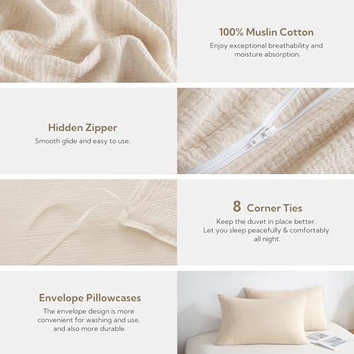 MILDLY Muslin Duvet Cover Queen - 100% Washed Cotton Linen Like Gauze