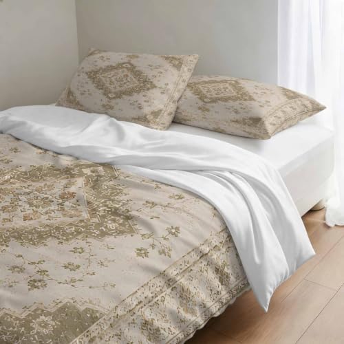 Sage Green Beige Boho Duvet Cover Set 3 Pieces with Zipper Closure