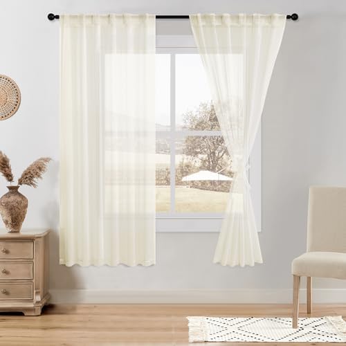DWCN Ivory Faux Linen Sheer Curtains, 2 Panels, 52x63 Inch