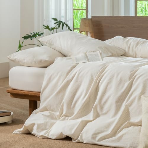 MooMee Striped Duvet Cover Set 100% Washed Cotton Linen Like King
