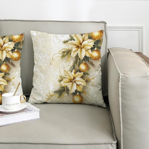 Christmas Pillow Covers Set of 2, Gold and Cream Holiday Floral Throw