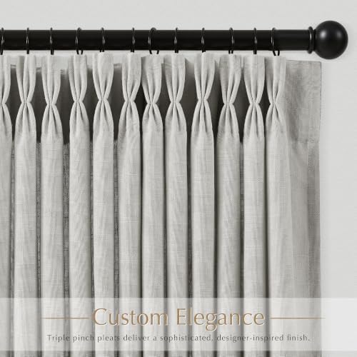 Grey Pinch Pleated Linen Curtains 108 inch Length 2 Panels for Living
