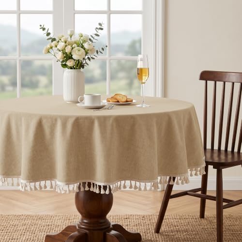JIUZHEN Waterproof Linen Round Tablecloth with Beige Tassels
