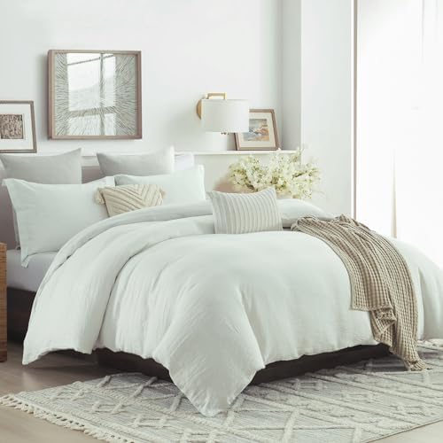 CozyDH 100% Linen Duvet Cover Set Queen Size, White, 3 Pieces