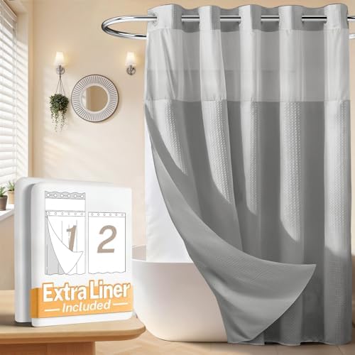 River Dream No Hooks Shower Curtain with 2 Snap in Liner, Light Grey
