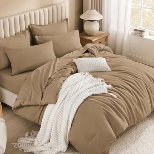 Litanika Taupe King Comforter Set with Sheets - 7 Pieces Solid Bed in