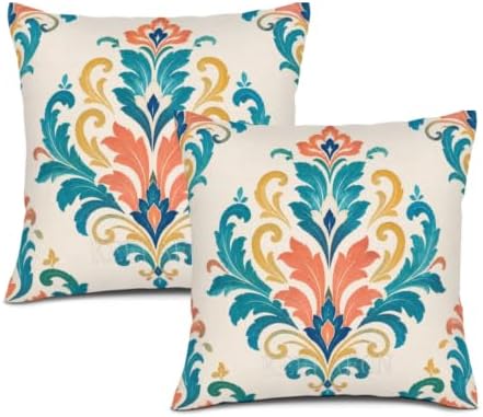 Teal Coral Floral Pillow Covers 18x18 Inch Set of 2 Linen for Boho