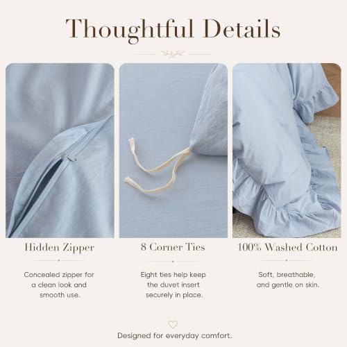 Ruffle Duvet Cover Set 100% Washed Cotton Linen Feel 3‐Pcs King
