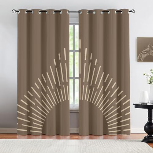 Rustic Boho Blackout Curtains for Bedroom, Beige Sun Grommet Curtains