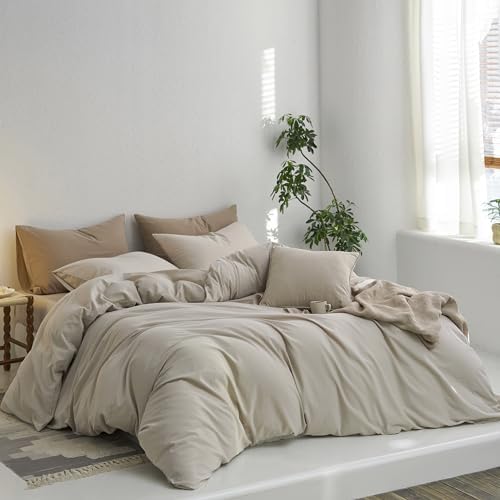 MooMee Upgraded Softer Duvet Cover Set 100% Washed Cotton Twill Queen