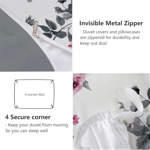 Grey Country Watercolor Roses King Duvet Cover Set Microfiber