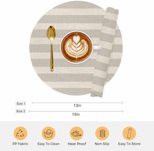 Rustic Gray Beige Stripes Round Braided Placemats Set of Set of 8 Heat