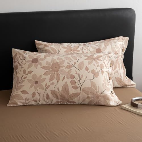 HighBuy Linen Duvet Cover Queen Size Tan Brown Leaf Duvet Cover Set