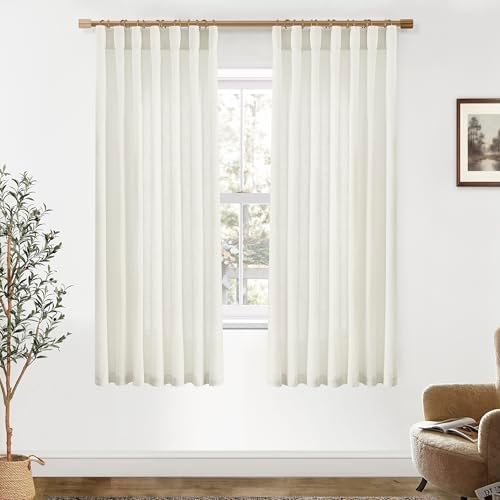 Linen Cotton Blend Curtains 63 Inch Length, Semi Sheer Hooks Rod