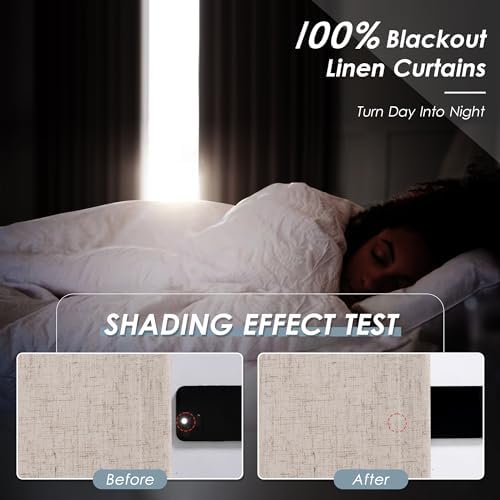 Oatmeal Linen 100% Black Out Curtains 108 Inches Long 2 Panels Set for
