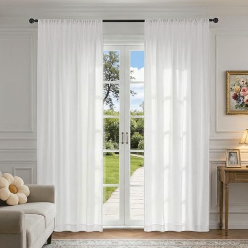 Beauoop White Semi Sheer Curtains for Living Room 52x96 2 Panels