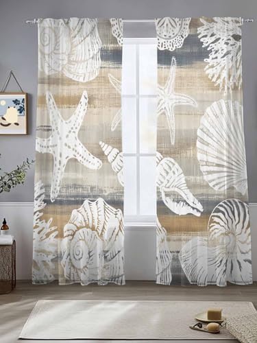 Beige Grey Coastal Semi Sheer Curtains 108 inch length 2 panels set