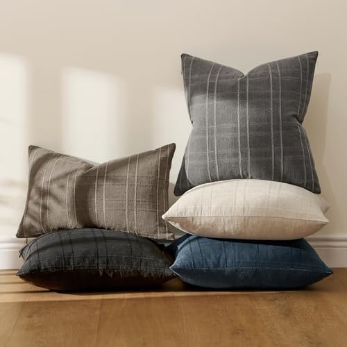 MIULEE Linen Plaid Pillow Covers Decorative Euro 24x24 Charcoal Gray