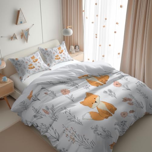 King Duvet Cover Set Soft Microfiber Animal Wildflowers White