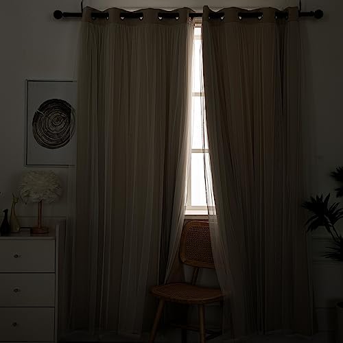 INLINAS Blackout Curtains with Sheer Overlay, Beige, 52x108 Inches